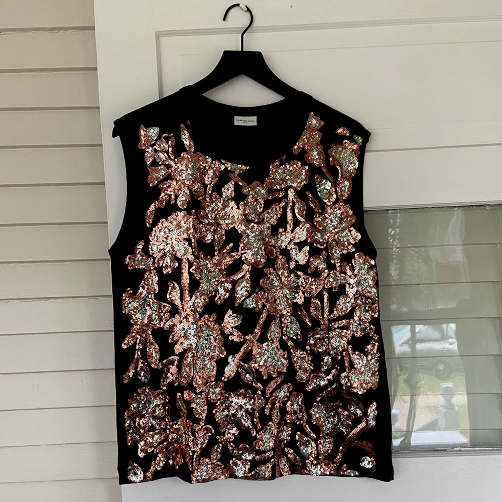Dries Van Noten Black and Copper Sequin Top